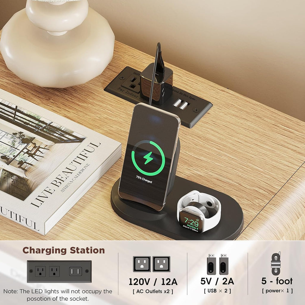 Nightstand with Charging Station and LED Lights