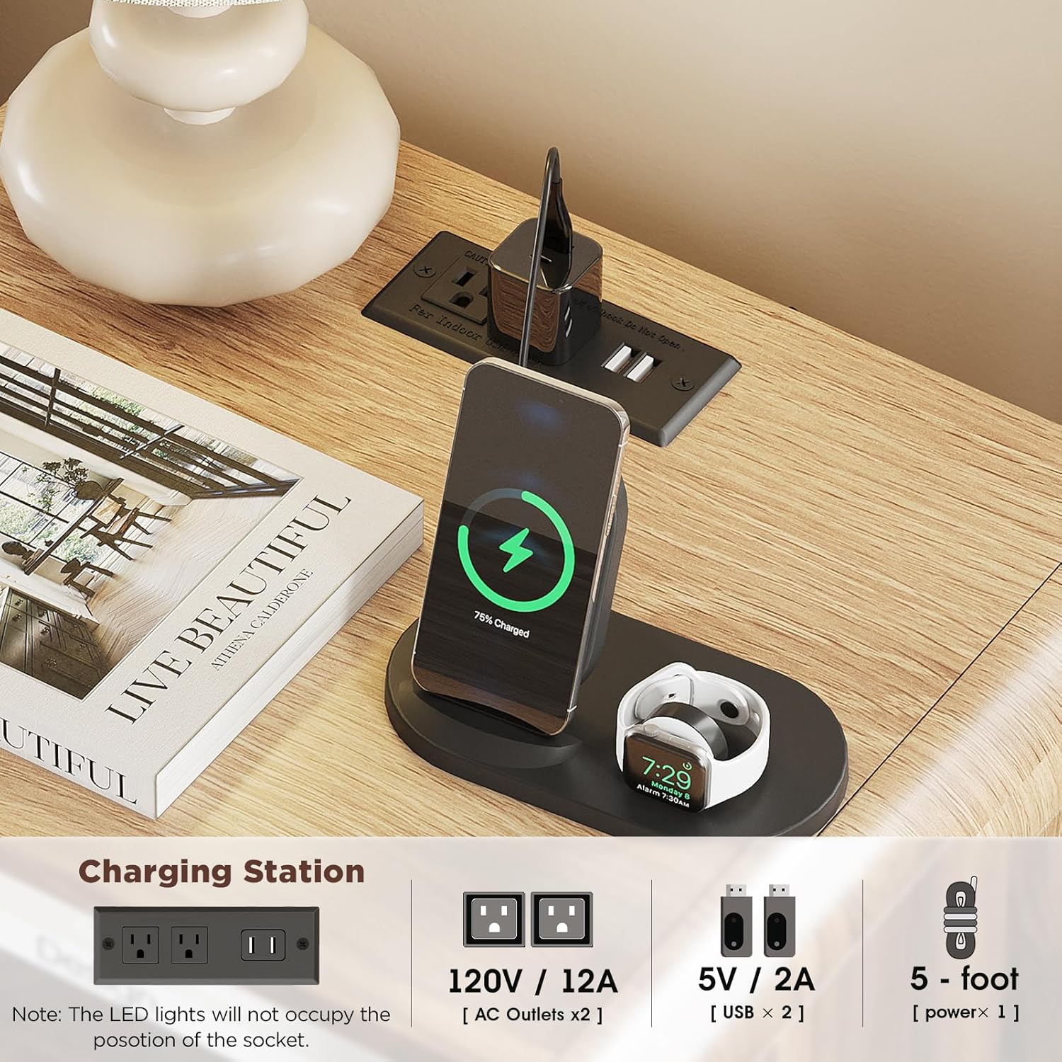 Nightstand with Charging Station and LED Lights